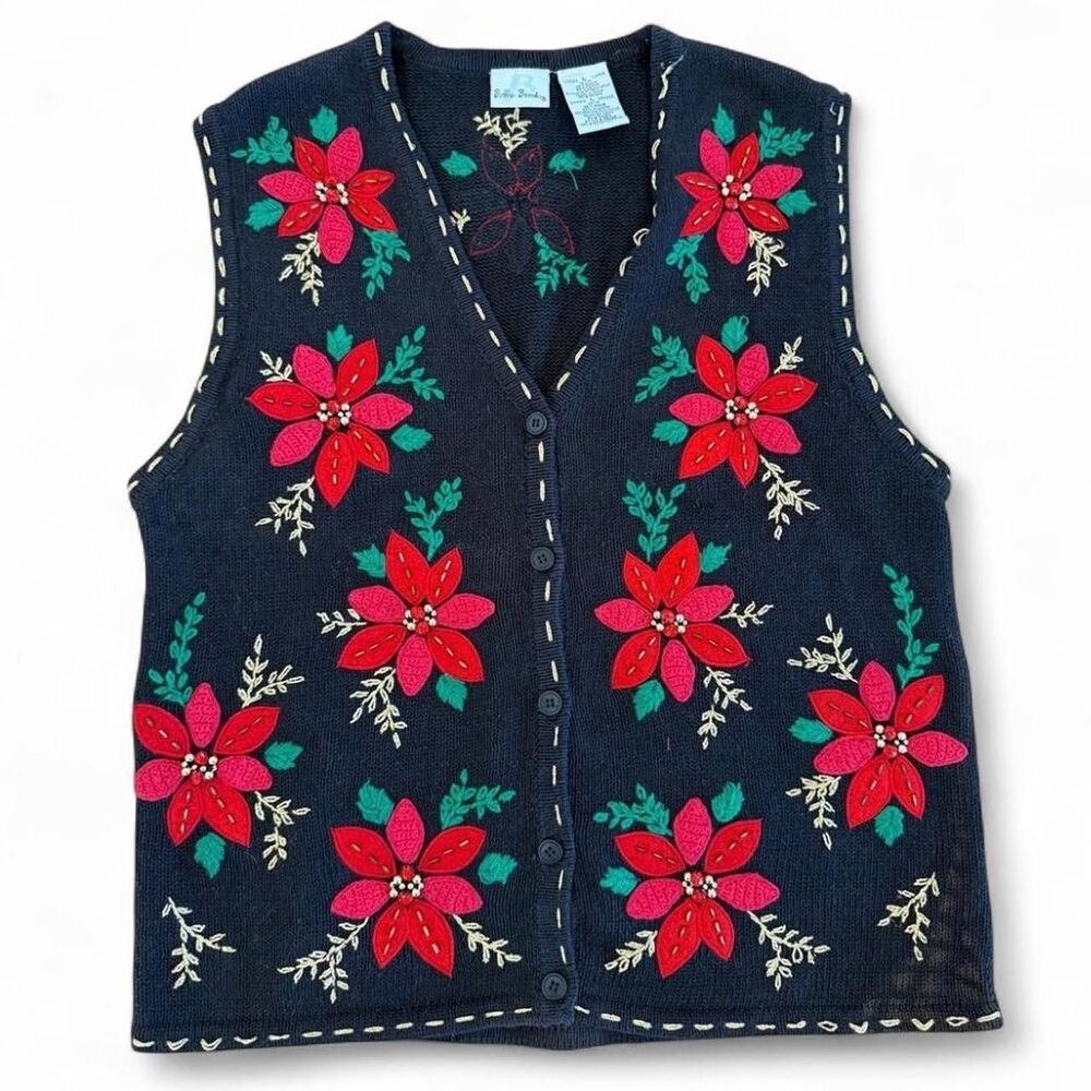 Vintage Embroidered and embellished Christmas Poinsettia Sweater Vest